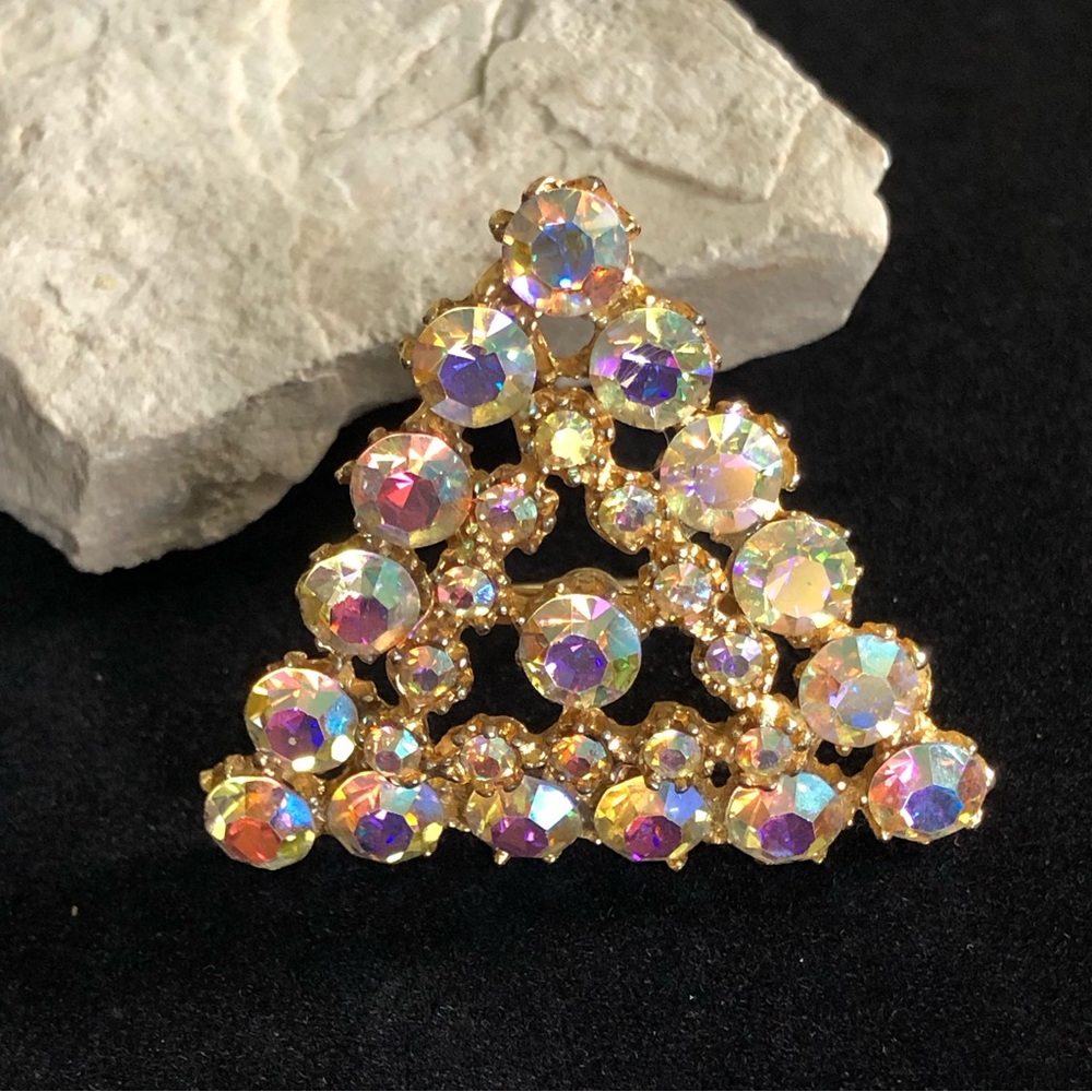 Art Deco Style AB Rhinestone Triangle Brooch In Gold-Tone Setting
